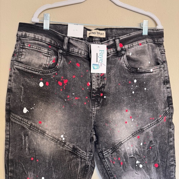 Blind Trust Black Jeans Paint Splatter Slim Fit Red And White 38x34 Hip Hop NEW - Picture 5 of 16
